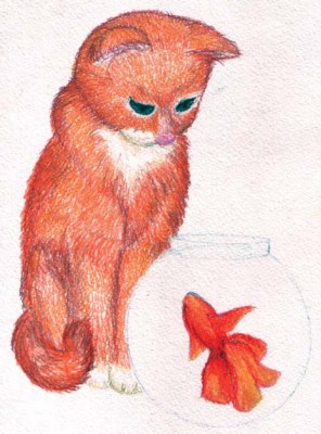 Уроки живописи карандашом. Котенок и рыбка. 